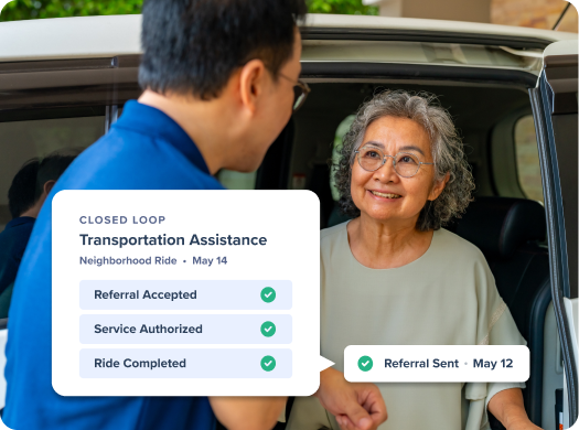 A driver helping a member out of a vehicle, with a closed-loop transportation assistance card showing referral accepted, service authorized, and ride completed