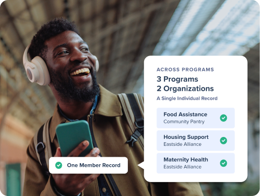 A smiling man with headphones holding a phone, with an across-programs card showing one member record spanning food assistance, housing support, and maternity health