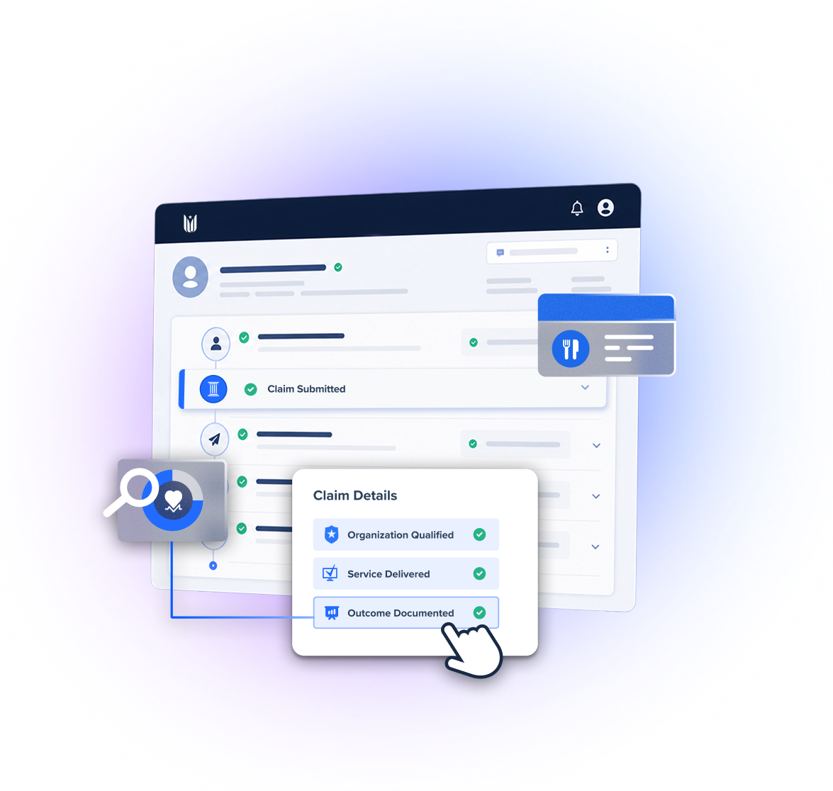Unite Us dashboard showing claim submission and claim details, including organization qualified, service delivered, and outcome documented
