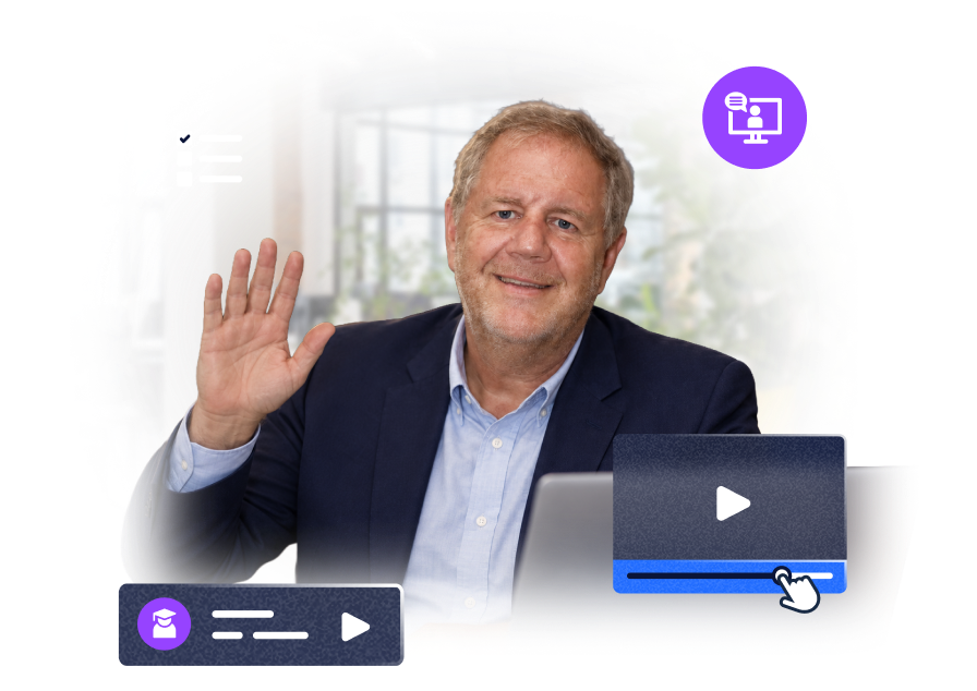 Keith Gardner waving, with webinar and video player interface graphics around him